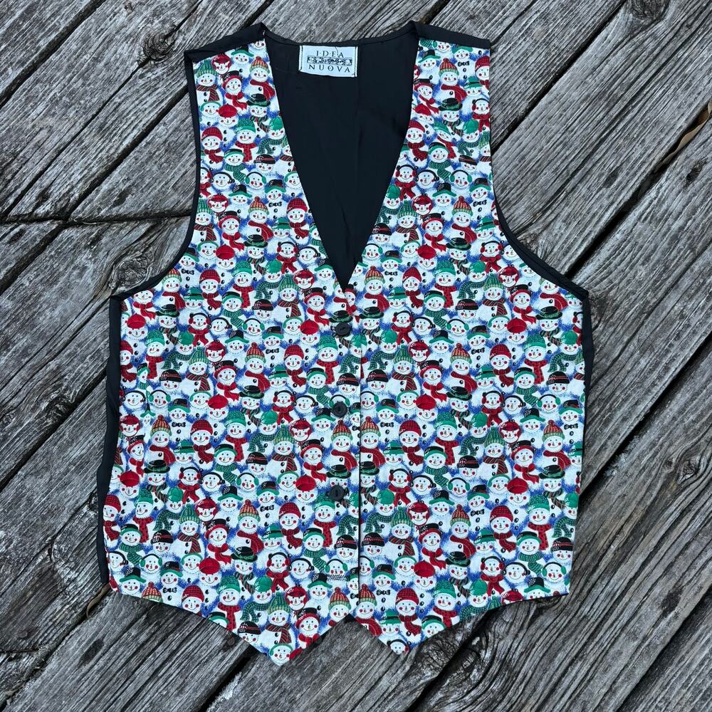 Idea‎ Nuova Snowman Holiday Vest 90s Vintage Large Multicolor Christmas Print